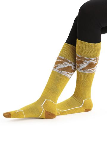 Women's Icebreaker Merino Ski+ Light Over the Calf Alps 3D Socks Silent Gold / Clove | CA 1543UZGT